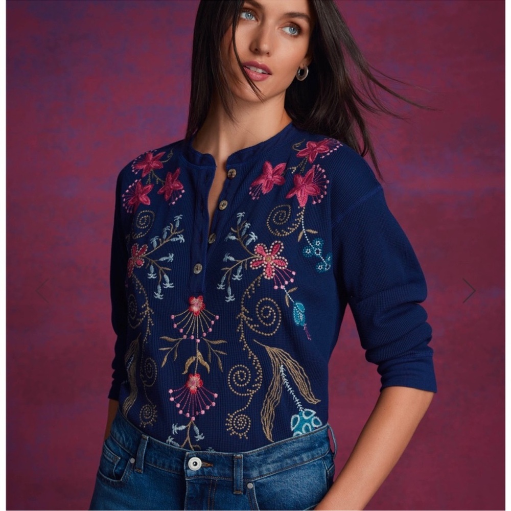 Johnny Was Navy Top with Pink Floral Embroidery